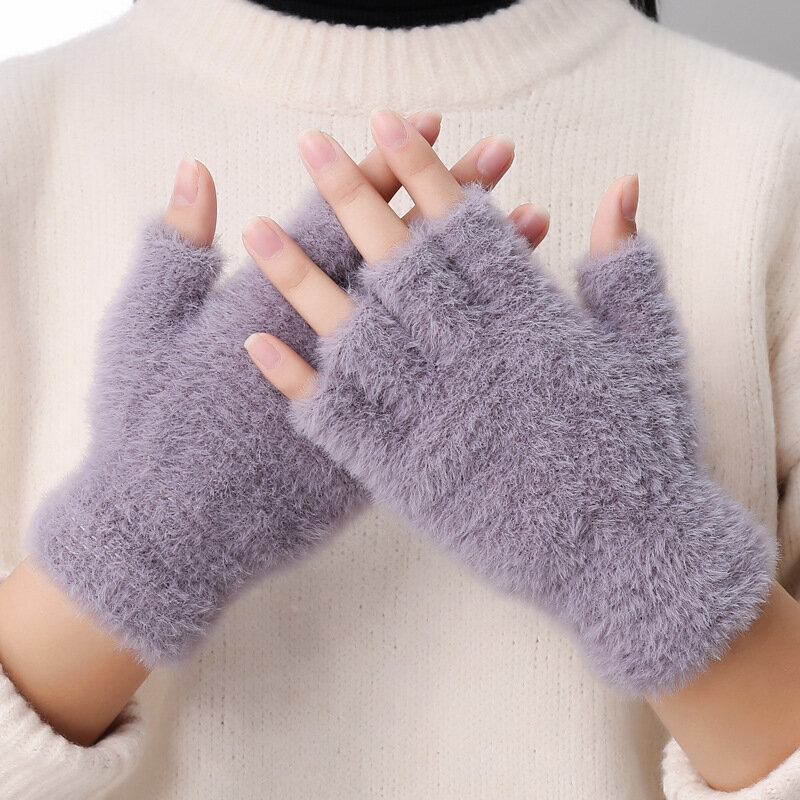 New Imitation Mink Gloves for Men and Women Autumn Winter Outdoor Office Student Writing Touch Plush Warm Half Finger Mittens