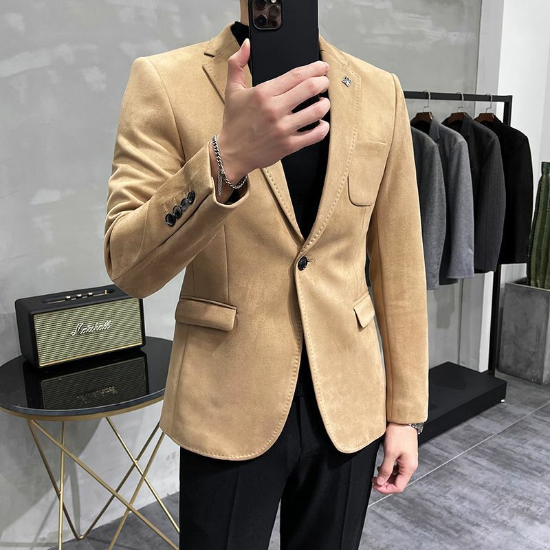 2-A29 Suede suit men's slim fit Korean version trendy ins design casual small suit autund winter single-piece top jacket