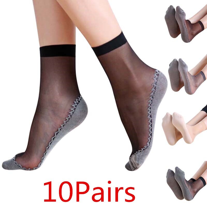 10 Pair Spring Summer Women Soft Socks Casual Non-Slip Bottom Splice Fashion Transparent Ladies Girls Breathable Thin Silk Sock