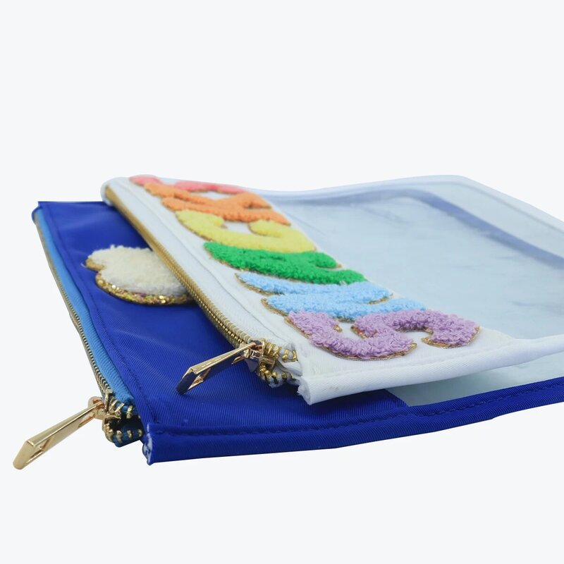 Sacos de cosméticos de viagem pvc transparente cor clara maquiagem saco organizador plana zíper bolsa chenille letras bolsa de viagem