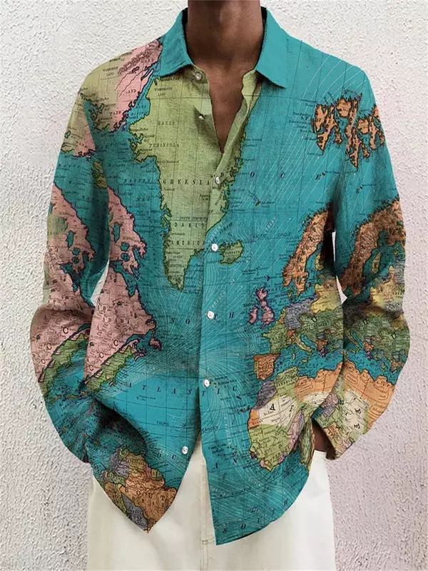 남성용 긴팔 라펠 셔츠, 루즈 캐주얼 야외 용수철, 하이 퀄리티 소재, 지도 스티칭 격자 무늬 3D 인쇄 플러스 사이즈, 여름
