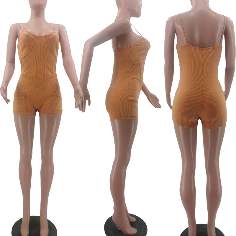 Macacão feminino sem alças monocromático, macacão fino, cinta de espaguete, sem costas, patchwork nervurado, tendência de rua casual, verão, 2022