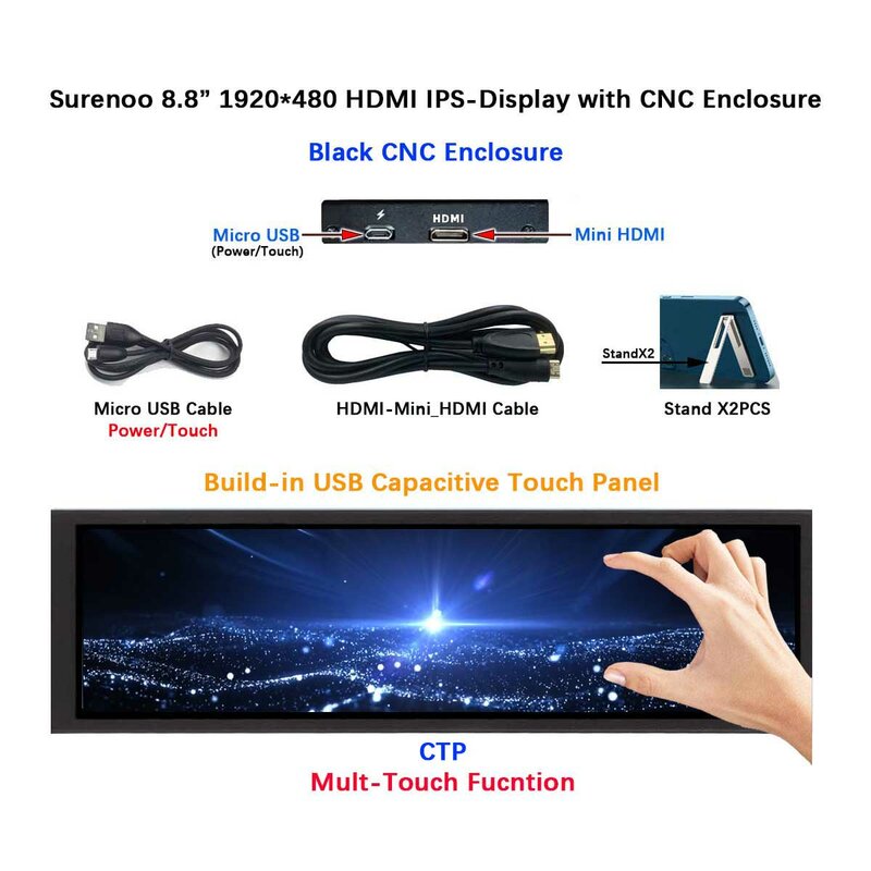 Módulo de pantalla LCD IPS de 8,8 pulgadas, 1920x480, 4:1, Compatible con Mini HDMI, Panel táctil CTP para AIDA64 RaspBerry Pi