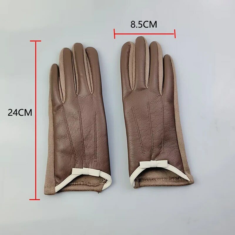 Winter Fashion Women Artificial Leather Gloves Full Finger Cycling Drive Warm Hands Touch Screen Mittens Lady Cute Bow Gloves