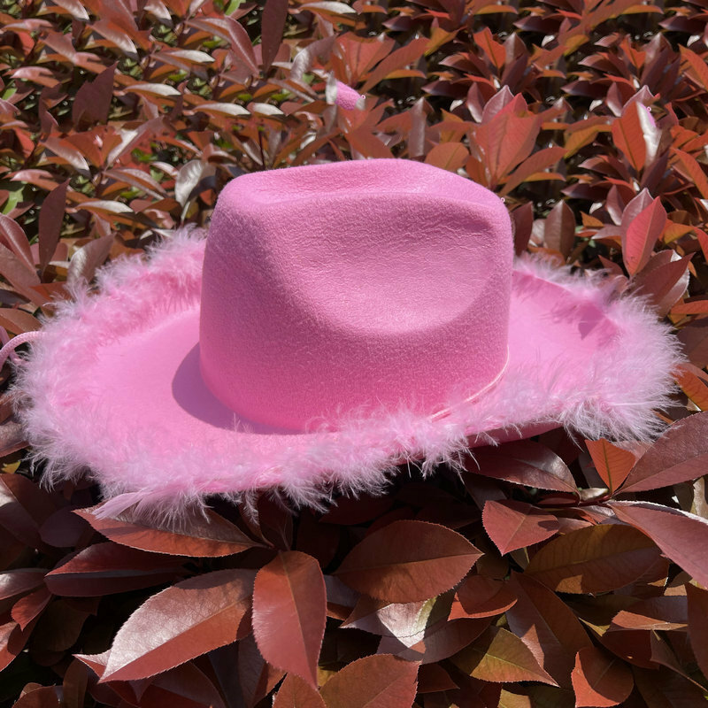 Topi Natal merah muda tepi mentah topi koboi topi bulu dekoratif merah muda Barat koboi merasa gaya topi Cosplay alat peraga pesta