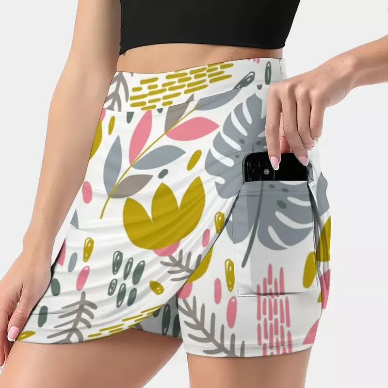 Beautiful Tropical Pattern With Pink , Gray And Gold Leaves. Women's skirt With Hide Pocket Tennis Skirt Golf Skirts Badminton