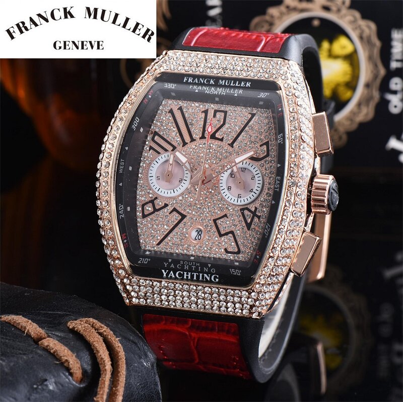 Franck muller-esportes relógio de pulso dos homens, quartzo, luxo, couro, tonneau, diamante, casual, moda
