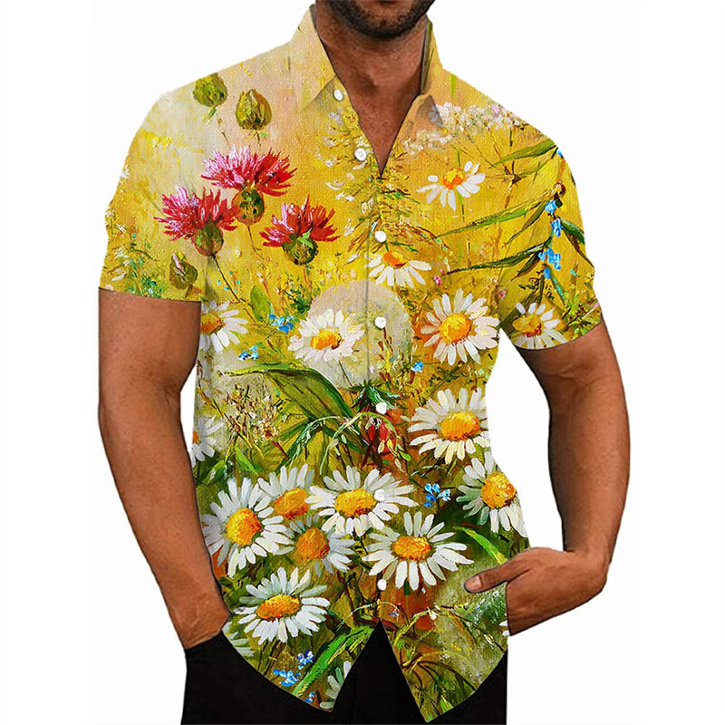 Baju motif bunga 3D Harajuku baru musim panas kaus pendek grafis bunga warna-warni untuk pria blus pakaian jalanan mode