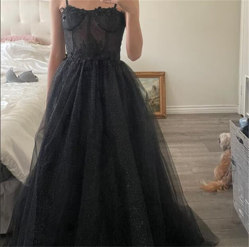SuleaDress Black Glitter A Line Tulle Prom Spaghetti Straps Sweetheart Bones Side Slit Long Evening Gown платье с пайетками