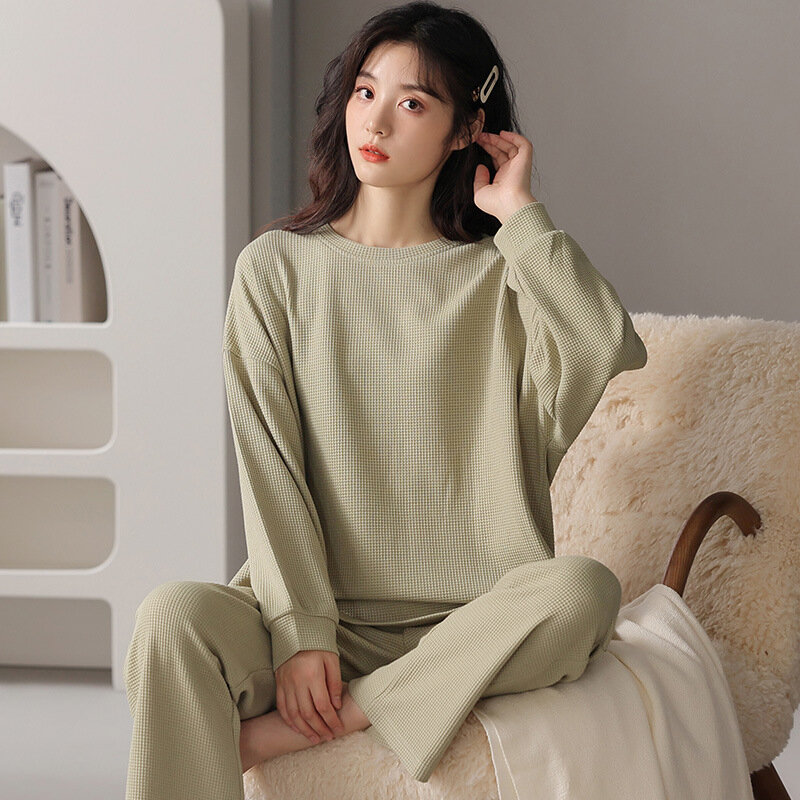 Novo terno de pijama feminino algodão material waffle em torno do pescoço alta senso manga longa calças vestíveis roupas para casa frete grátis 038
