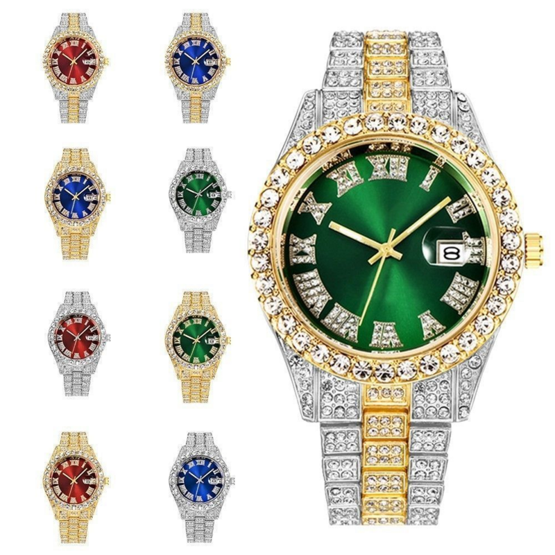 Relógio cravejado de strass alto padrão masculino, escala romana, calendário, hip-hop, azul, verde, fantasma da água, diamante completo, na moda