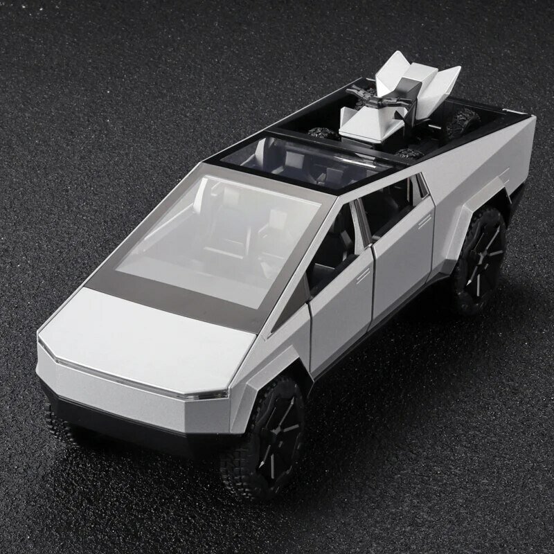 Camión de juguete de Metal fundido a presión con sonido y luz para niños, camioneta de plata modelo Cybertruck 1:24, 3 años de edad