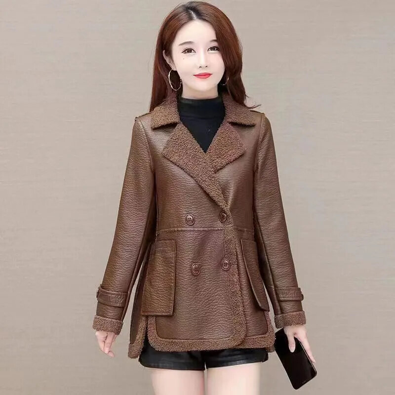 Jaket kulit pendek wanita, Luaran warna murni dipertebal bersaku musim gugur dan dingin