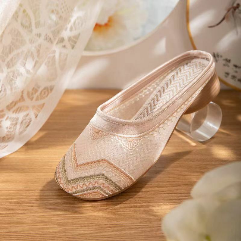 Baotou sandal hak rendah wanita, sandal rumah antiselip sol lembut, sandal hak rendah bordir jaring musim panas untuk wanita