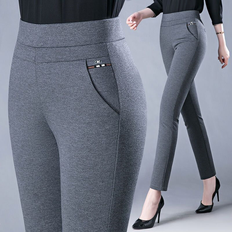 กางเกงเอวสูงสำหรับผู้หญิงวัยกลางคนทรงสลิมยืดลำลองแฟชั่นเข้ากับกางเกงรัดรูปสีดำเทาฤดูใบไม้ผลิฤดูหนาว