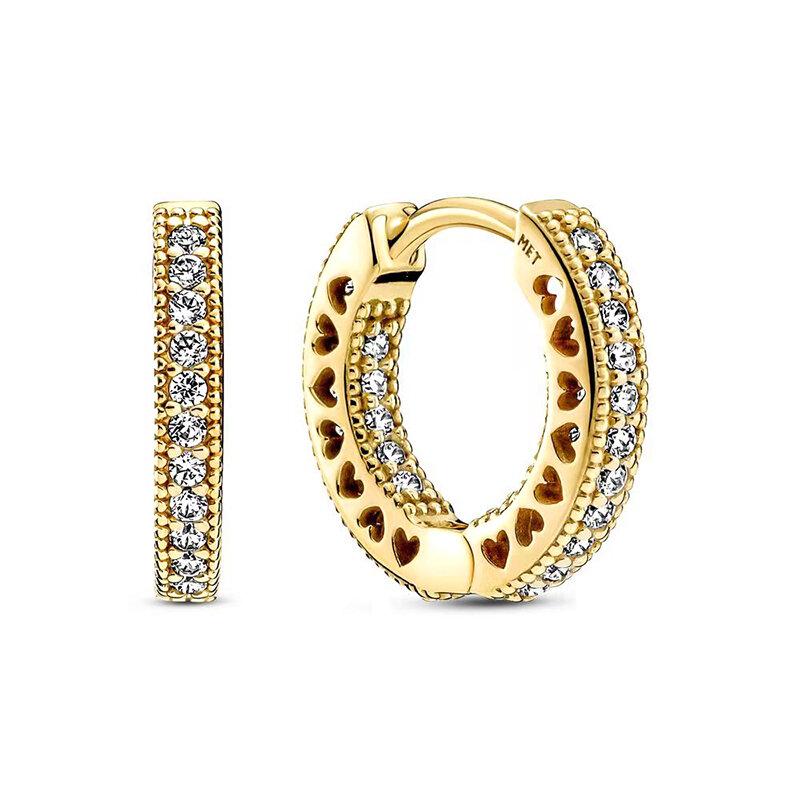Серьги-кольца женские из серебра 925 пробы с покрытием 24-каратным золотом и паве в форме сердца
