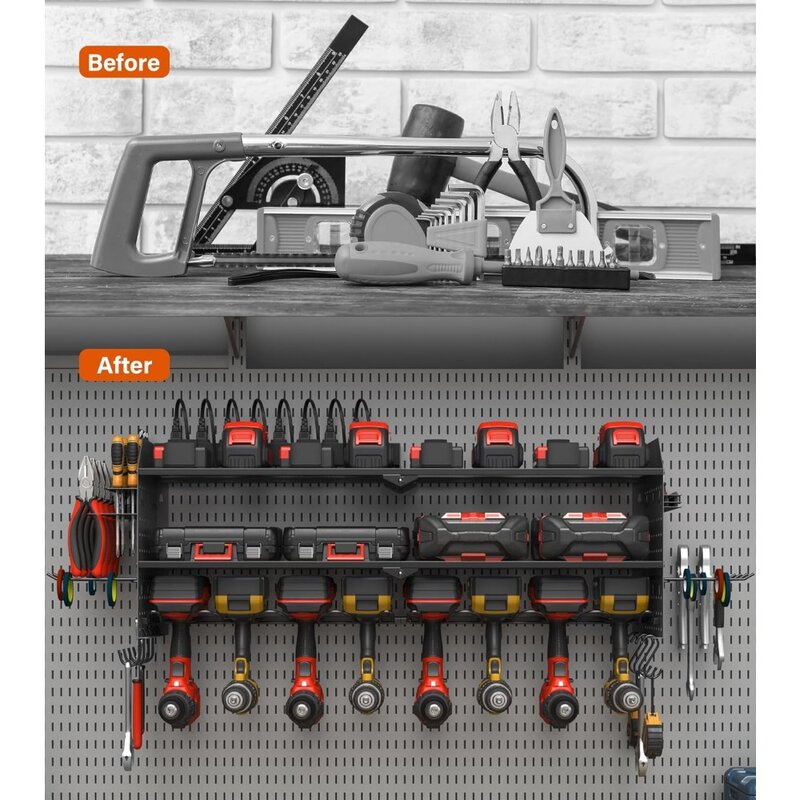 Junnuj großer Pegboard-Elektrowerkzeug-Organizer mit Ladestation, 8 Bohrer Treiber und Werkzeug Batterie halter Wand halterung mit 8 out
