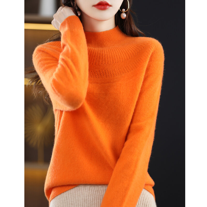Suéter de cuello alto Medio para mujer, camisa de fondo de lana pura lista para usar de primera línea, otoño e invierno, Nuevo Jersey de punto hueco