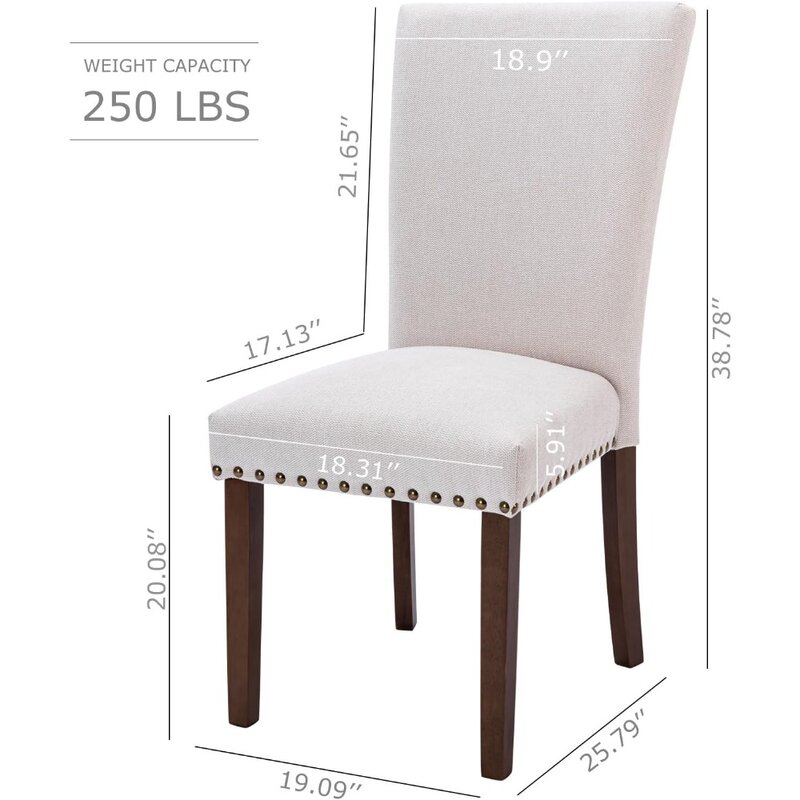 Tapicerowane Parsons krzesła do jadalni zestaw 4, materiałowe krzesło kuchenne do jadalni z wykończeniem z Nailhead i drewnianymi nogami-Beig