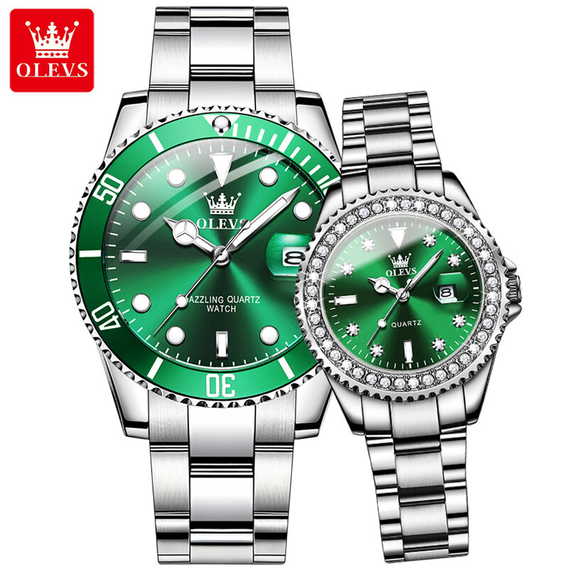 OLEVS-reloj de cuarzo para parejas, accesorio Original de lujo con tira de acero, resistente al agua, con diamantes de negocios, conjunto de pulsera de cuarzo verde