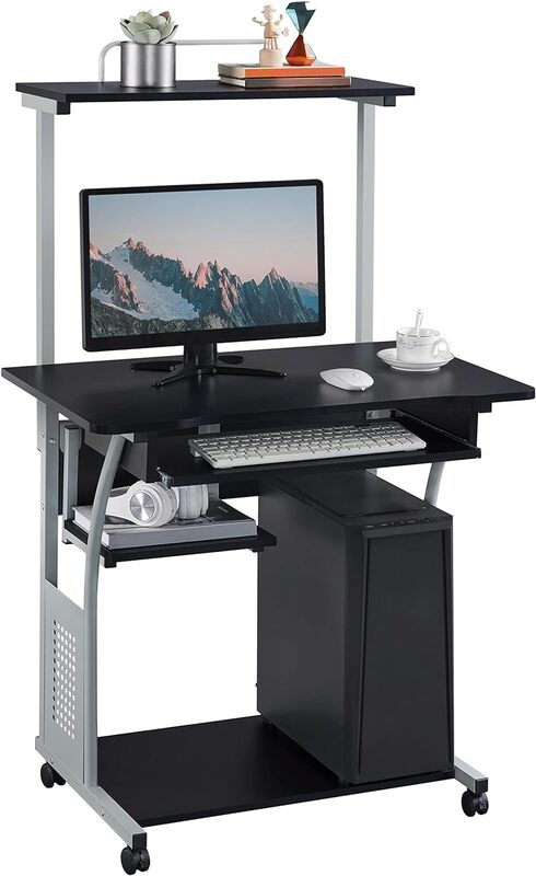 Topeakmart meja komputer 3 tingkat, rak Printer dan nampan Keyboard, Meja rumah, meja kantor, stasiun kerja, belajar bergulir