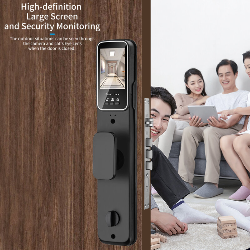 Cerradura de puerta inteligente con cara 3D, Monitor de cámara de seguridad, huella dactilar, contraseña, biométrico, desbloqueo de llave electrónica