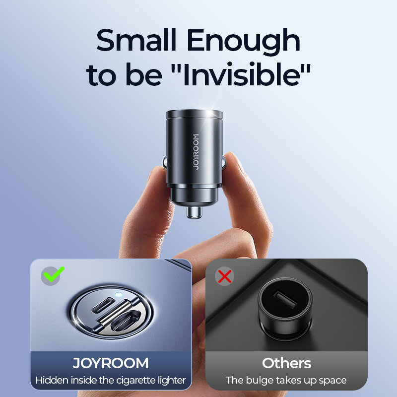 Joyroom-puxar o carregador do carro do anel, USB tipo-C, portas rápidas duplas, carregamento rápido, mini carregador do telefone, acessórios do carro, PD, QC, 30W