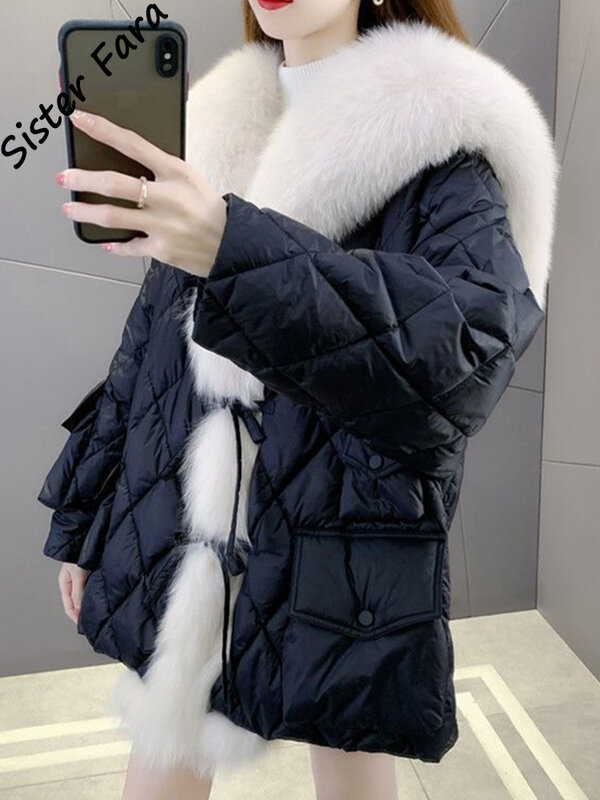 Женский длинный пуховик Sister Fara, темно-синий пуховик с меховым воротником, зимняя куртка, женский пуховик 2022, теплое меховое пальто, женское однотонное пуховое пальто