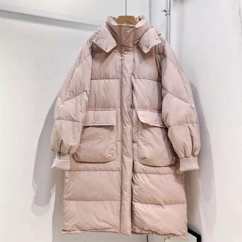 Jaket Down wanita, mantel Musim Dingin versi panjang sedang longgar parka hangat bertudung serbaguna 2024