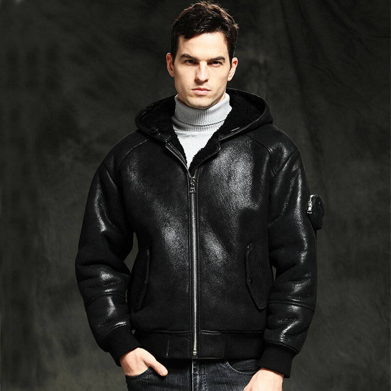 남성 후드 리얼 모피 코트, 새로운 LUHAYESA 2022 천연 양피 시어링 의류 겨울 블랙 따뜻한 겉옷, 100%