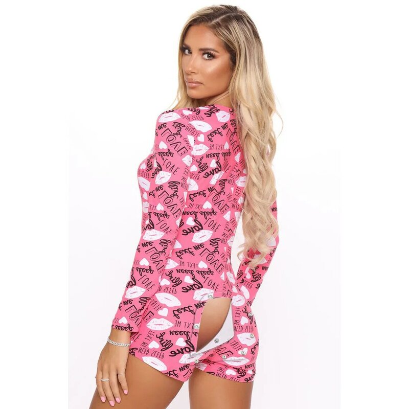 Women's Pajama High Waist Playsuit Casual Pattern Printing Romper Long Sleeve V Neck Short Pants Home Wear Clothes