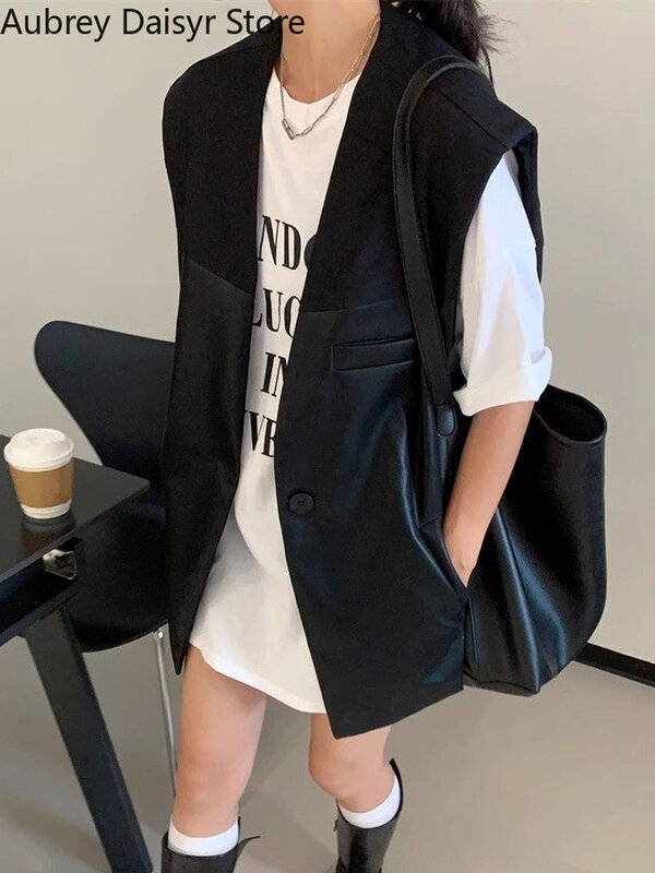 Jaqueta de couro PU sem mangas preta feminina, streetwear coreana, patchwork, punk, solta, High Street, verão