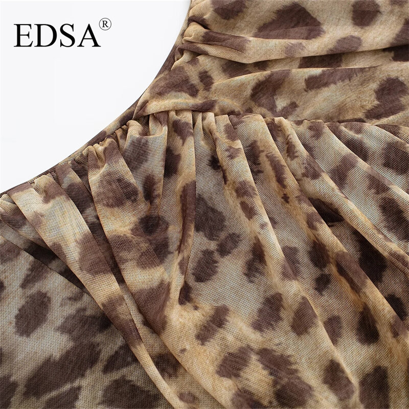 EDSA Women Elegant Leopard Tulle Bodysuit 2024 Summer Hollow Out Irregular Straps Sexy Ruched Sleeveless Bodycon Playsuits