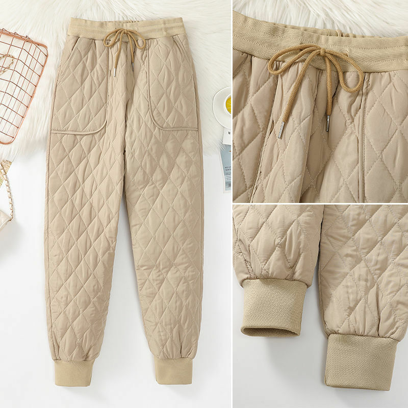 Pantalone invernale in cotone in piuma di cotone donna tinta unita tasca a vita alta pantaloni Harem abbigliamento da neve pantaloni larghi antivento 4XL