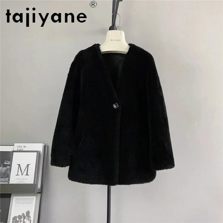 Tajiyane-Elegante casaco feminino de lã cordeiros decote em v, jaqueta tosquia de ovelha, jaquetas femininas na moda outono e inverno, 100% Tajiyane
