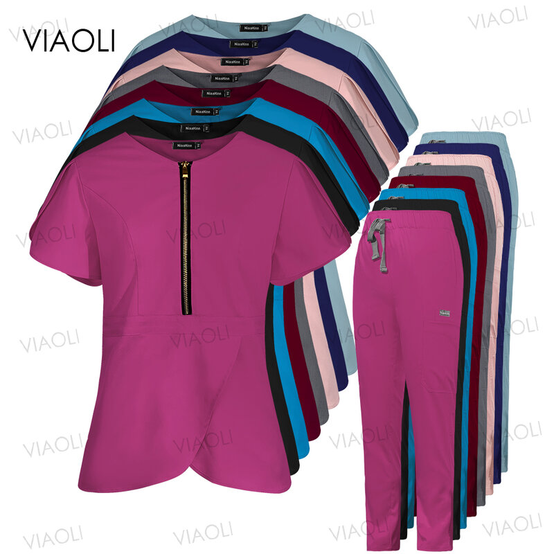 Женская рабочая одежда для медицинской хирургии, разноцветный топ с карманами и брюки
