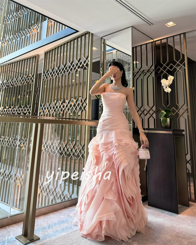 Prom Dress Evening Organza Pleat Tiered Celebrity A-line Strapless Bespoke Occasion Gown Long Dresses Saudi Arabia