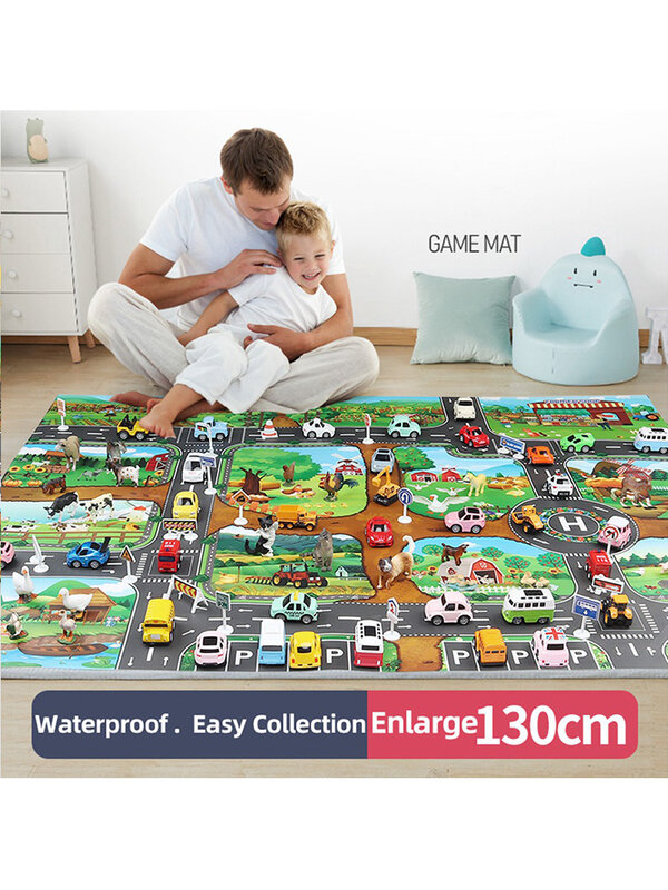 Alfombra de juego de granja feliz para niños, mapa de ruta DIY, señal de carretera, coche de tráfico, juguetes de animales, 130 x 100C