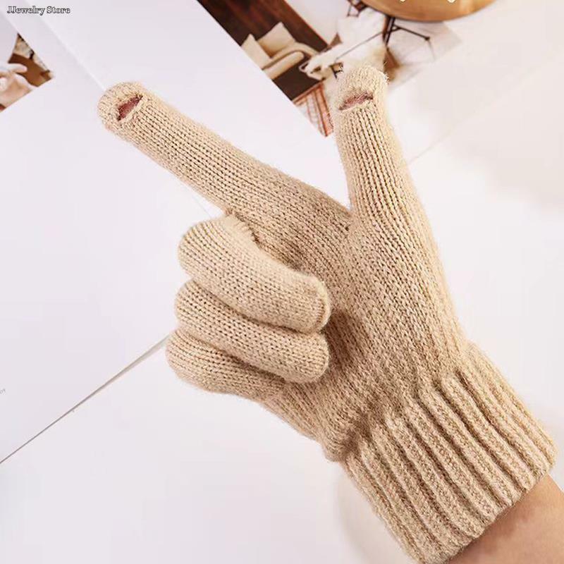 1Pair Women Warm Winter Touch Screen Gloves Stretch Knit Mittens Wool Full Finger Female Crochet Glove