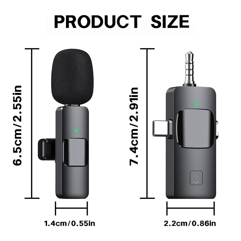 Microfone sem fio com redução de ruído, USB-C Microfone para iPhone, iPad, Android, Câmera, 3 em 1