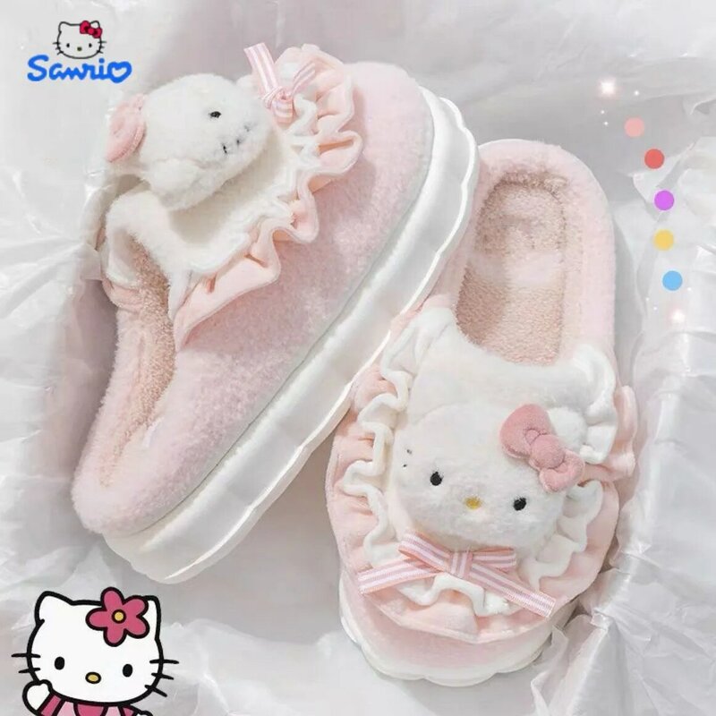 Sandal Hello Kitty lucu untuk wanita gadis kartun Sanrio Melody sandal hangat musim dingin Platform antiselip sandal rumah sepatu Kuromi