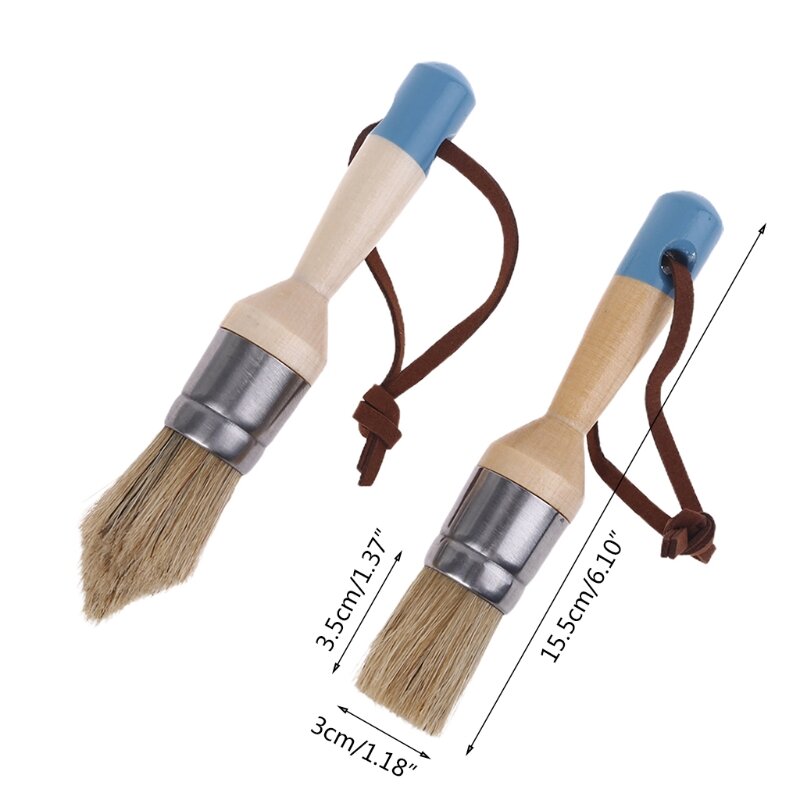 2Pcs Round and Pointed Chalk and Wax Paint Brushes Wood Handle Natural Bristle Brushes Reusable Painting and Waxing Tool