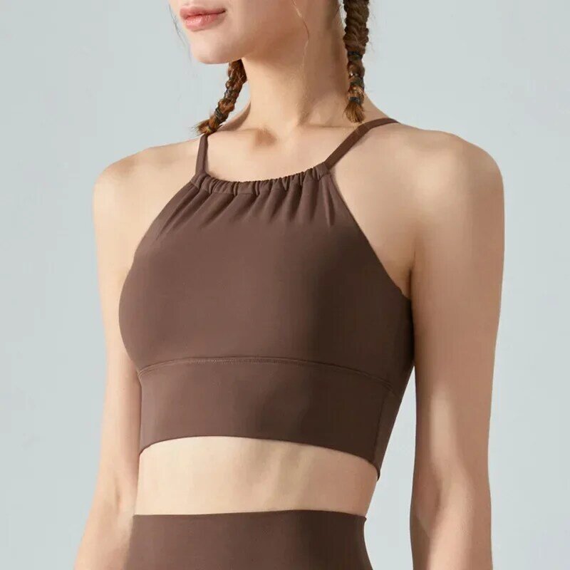 Lingerie gerakan lipat wanita, baju rompi Yoga dengan bantalan dada dengan kerah depan untuk Fitness gantung leher