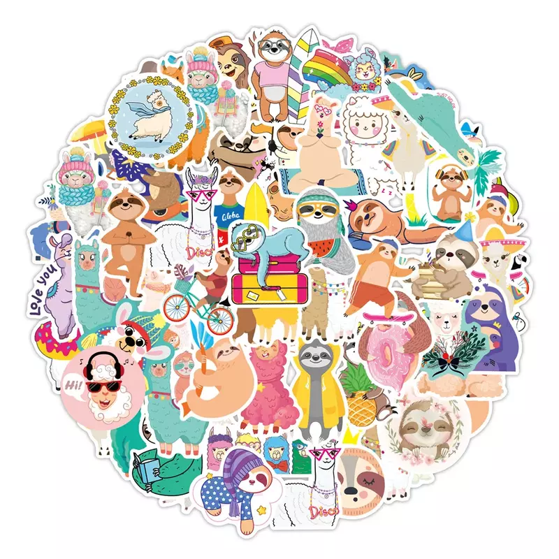 Bonito dos desenhos animados Alpaca Preguiça Etiqueta, Graffiti Brinquedo, Bagagem, Mala, DIY, Skate, Caixa do telefone, Decoração Diário, Atacado, 10, 30, 50 Pcs