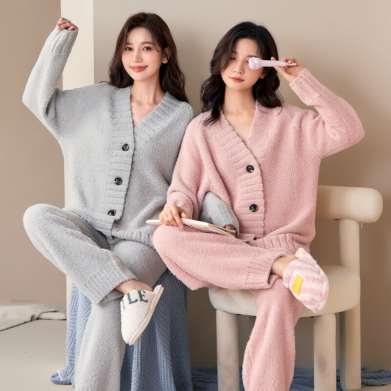 High Quality Winter Women V-neck Cardigan Pajama Set Warm Flannel Sleepwear Long Sleeve Solid Nightwear