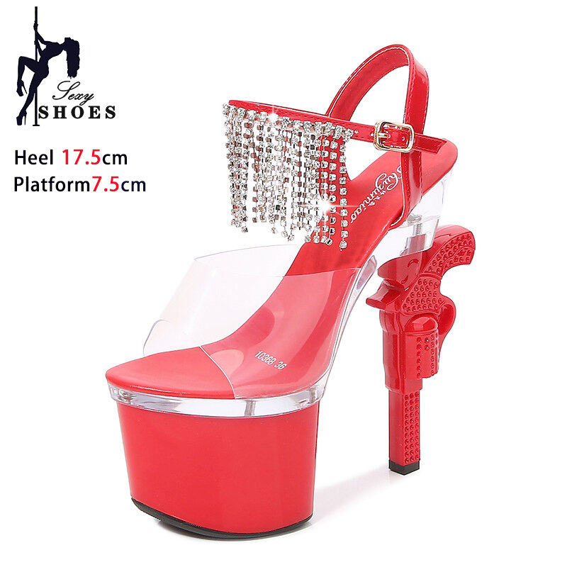 Sepatu dansa tiang rumbai berlian imitasi 17.5CM/7 inci sandal wanita berlian Bling musim panas Model PVC transparan hak tinggi Catwalk
