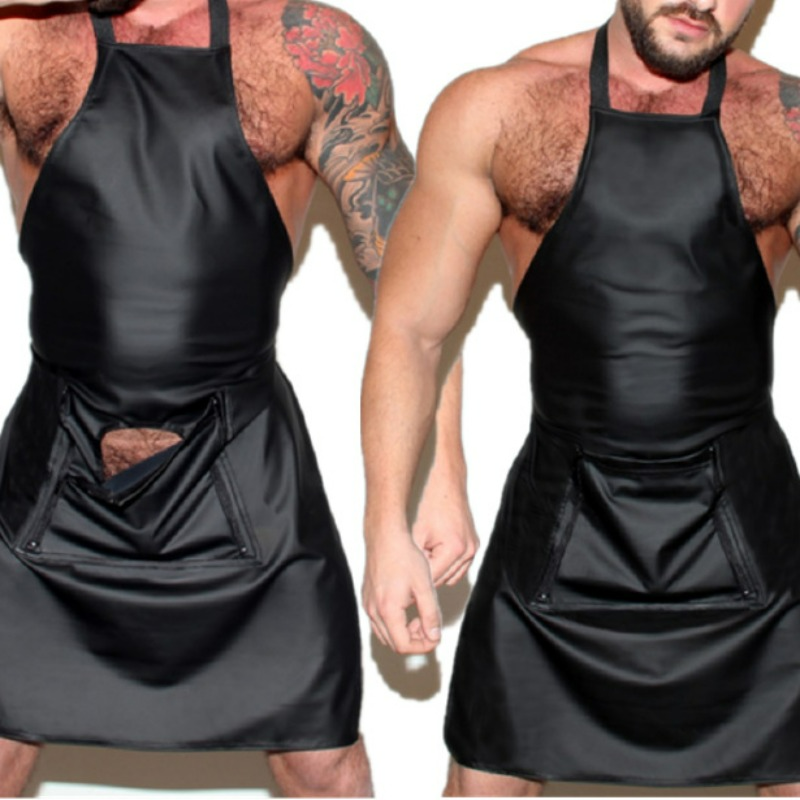 Black Artificial Leather Men's Open Sexy Apron Underwear Men's Club Clothing Role-Playing Erotic Clothing