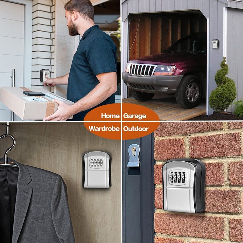 Key Box Wall Mounted Mini Key Safe Outdoor Key Box With Resettable 4-Digit Numeric Code Waterproof Key Box