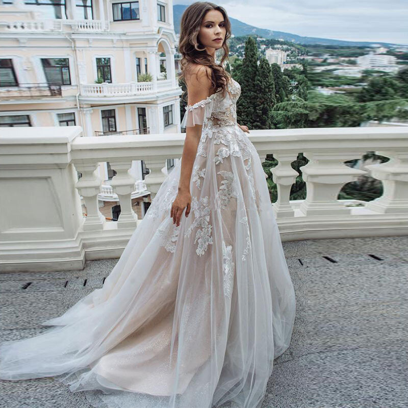Boho Wedding Dress Lace Appliques Tulle Backless Beach Floor-length Wedding Party Gowns Off Shoulder Princess Vestido De Novia