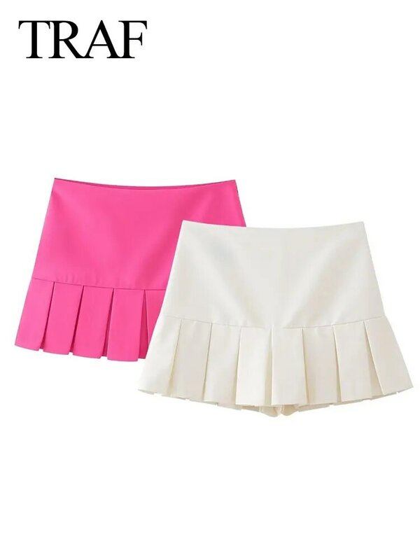 TRAF-Falda corta informal de verano para mujer, minifalda con pliegues anchos de Color liso, corte en A y Tiro medio, a la moda, 2024